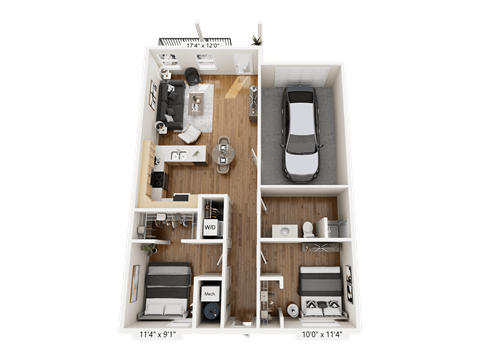 Floor plan for 2 beds, 1 bath, 930 sqft